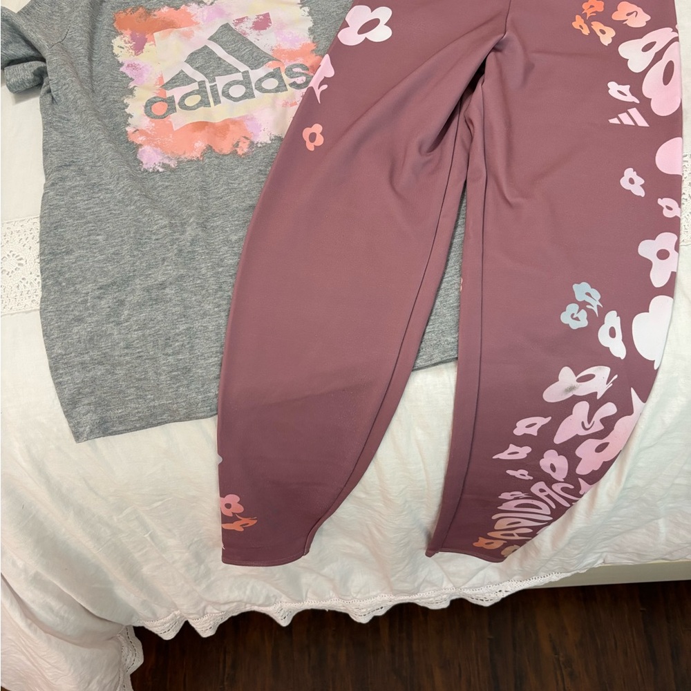 Adidas Kids Pink Floral Joggers and Gray shirt.
